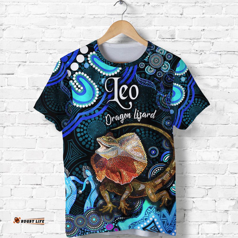 australian astrology t shirt leo dragon lizard zodiac aboriginal vibes blue