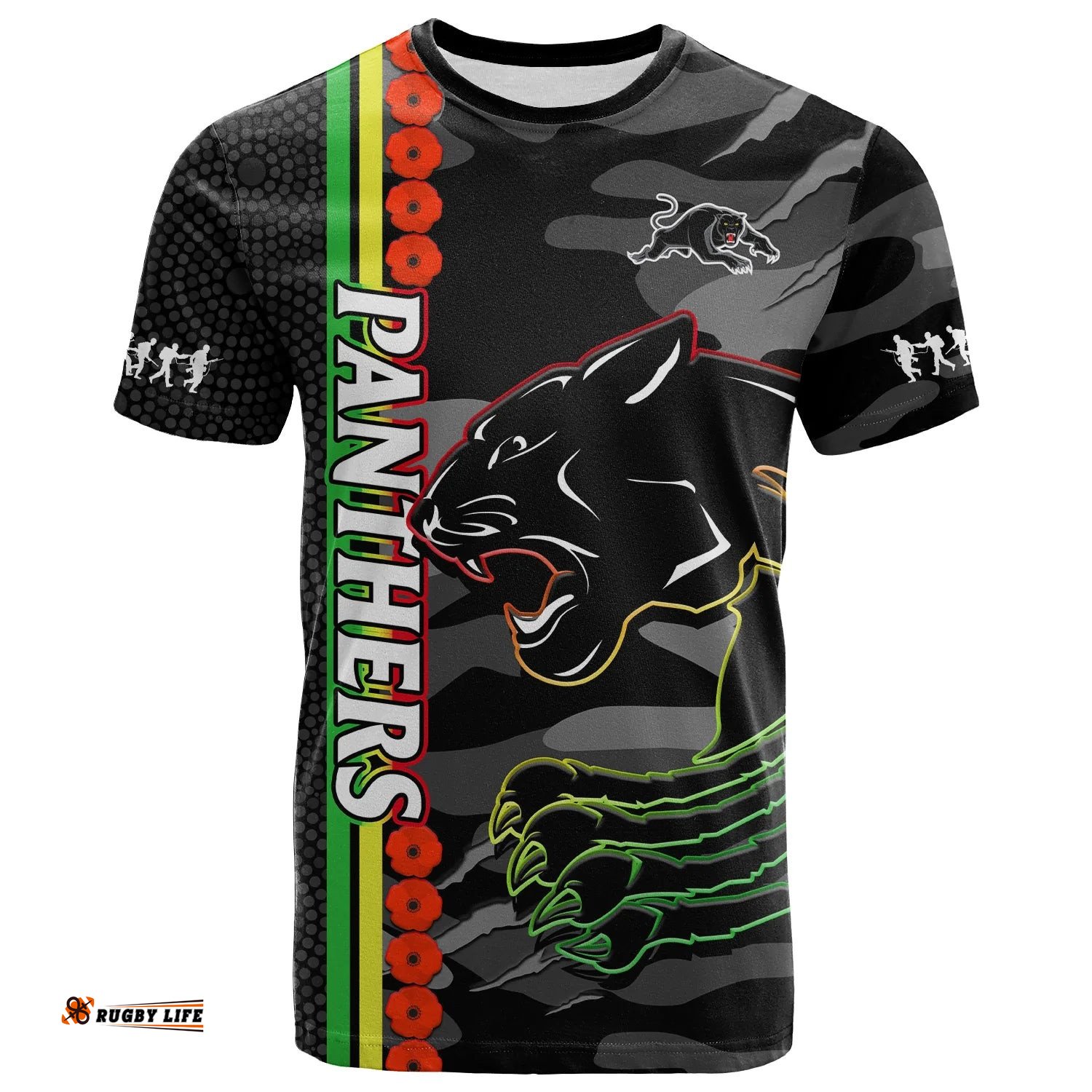custom text and number panthers rugby anzac t shirt aboriginal mix poppy camouflage black