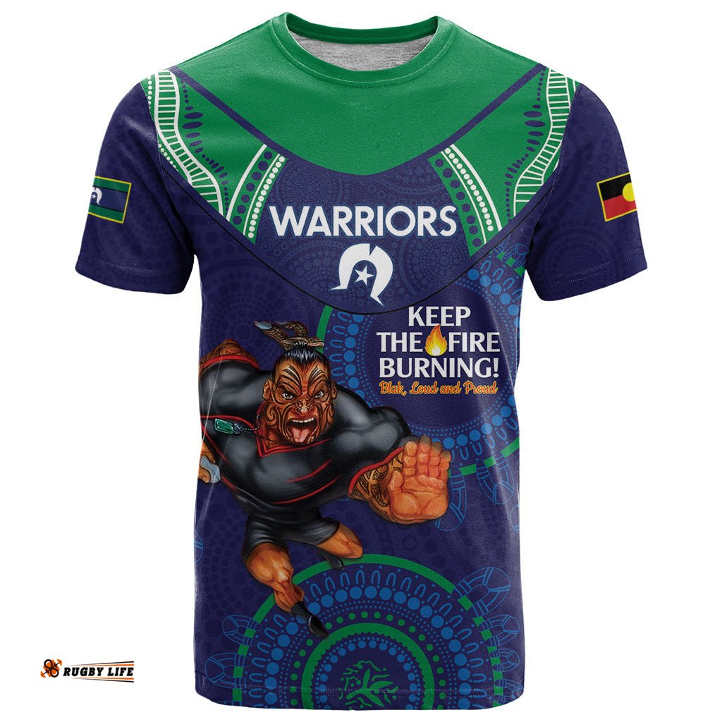 custom nrl warriors naidoc week t shirt keep the fire burning indigenous art