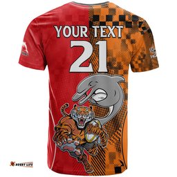 custom text and number nrl half dolphins and half tigers t shirt sporty style