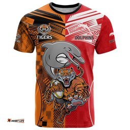 custom text and number nrl half dolphins and half tigers t shirt sporty style