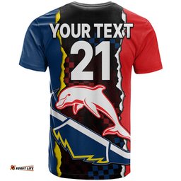 custom text and number nrl combine dolphins and cowboys t shirt