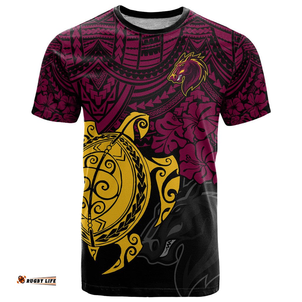 custom broncos rugby t shirt brisbane hibiscus and turtle with polynesian pattern