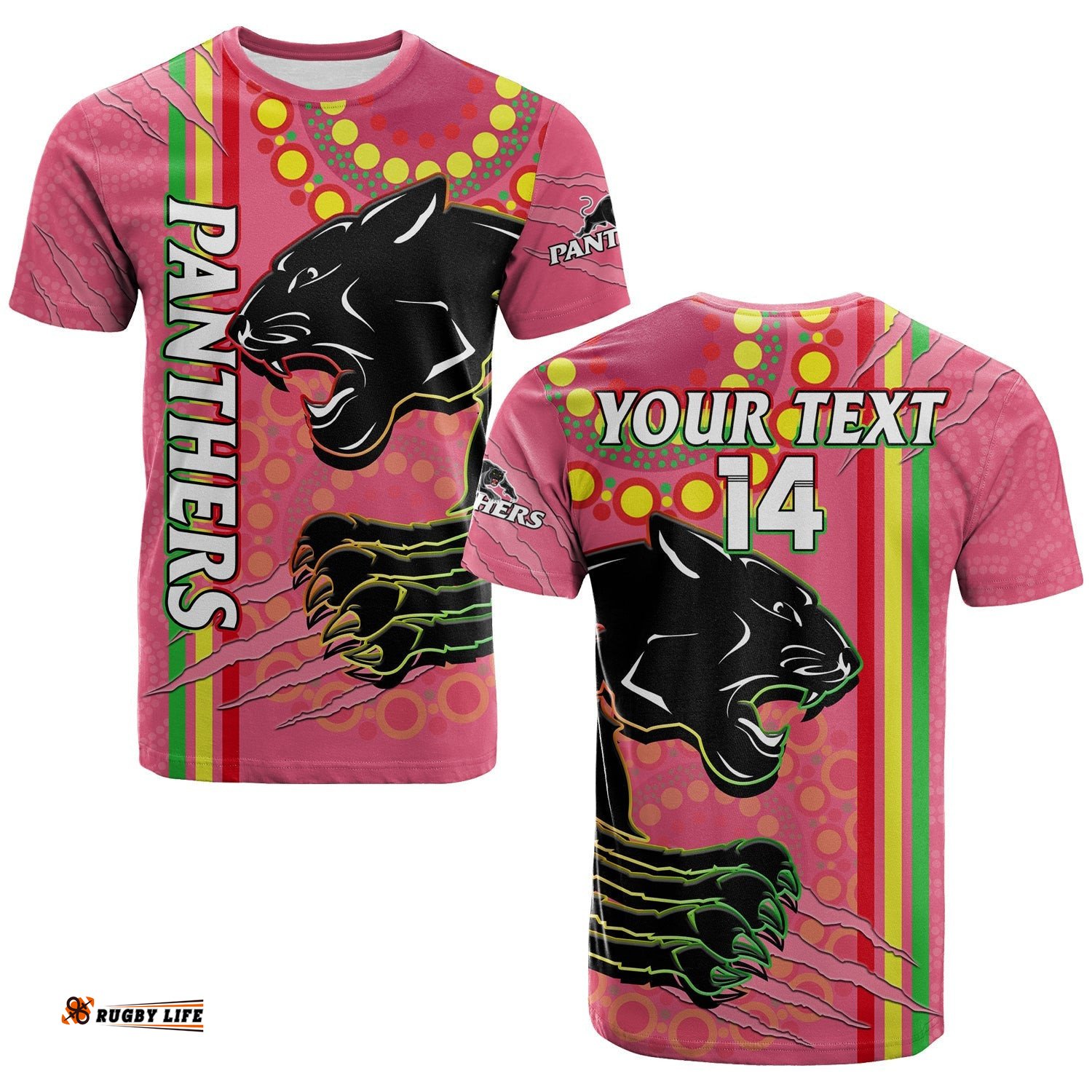 custom text and number panthers rugby t shirt the mountain men aboriginal art dynamic pink version
