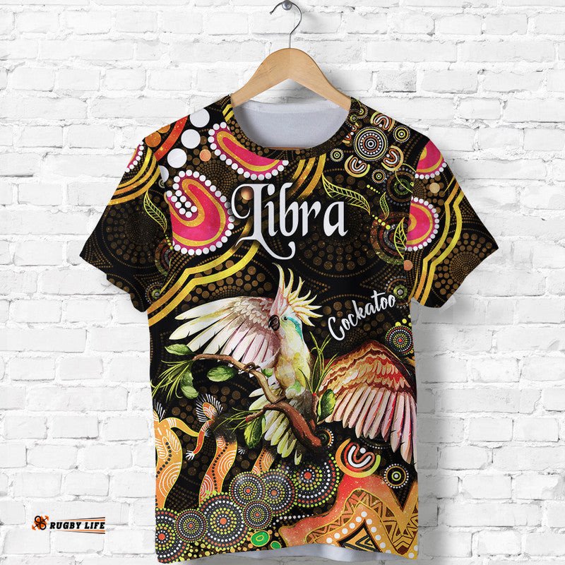 australian astrology t shirt libra cockatoo glider zodiac aboriginal vibes gold