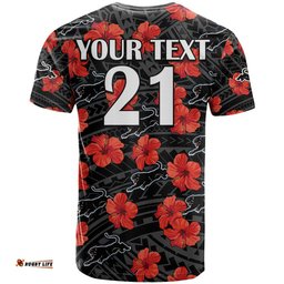 custom text and number panthers rugby t shirt polynesian style with hibiscus