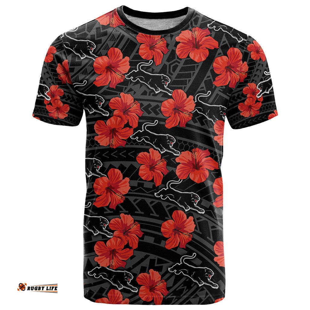 custom text and number panthers rugby t shirt polynesian style with hibiscus