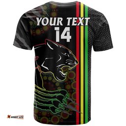 custom text and number penrith panthers rugby t shirt the mountain men aboriginal art dynamic