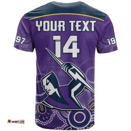 custom text and number melbourne storm rugby t shirt indigenous boomerang gradient style