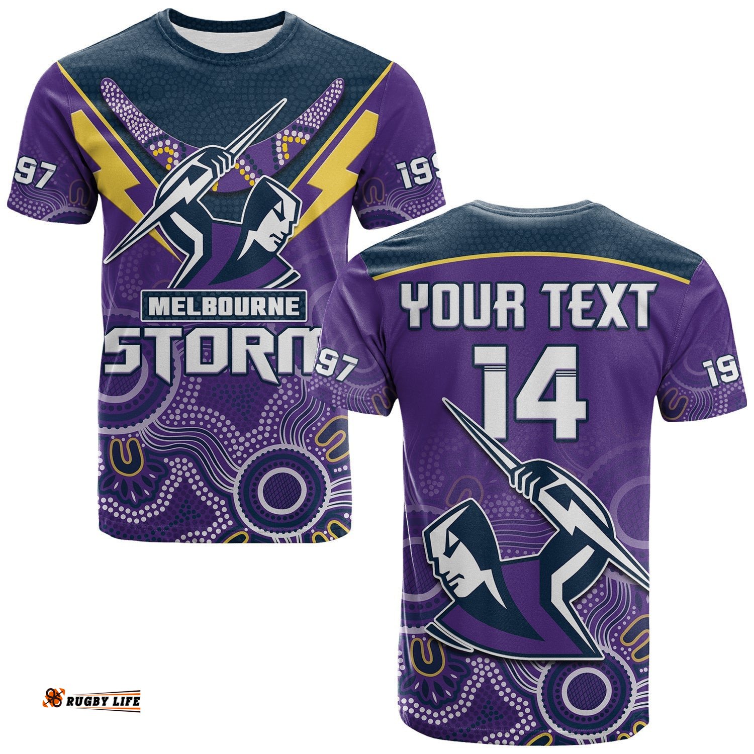 custom text and number melbourne storm rugby t shirt indigenous boomerang gradient style