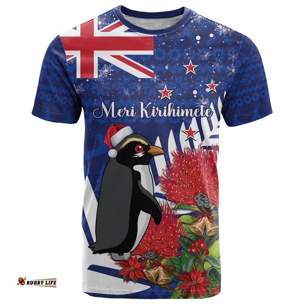 new zealand christmas in july t shirt fiordland penguin with pohutukawa flower