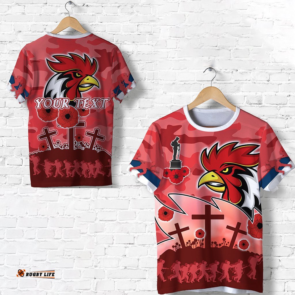 custom personalised roosters anzac day t shirt military red