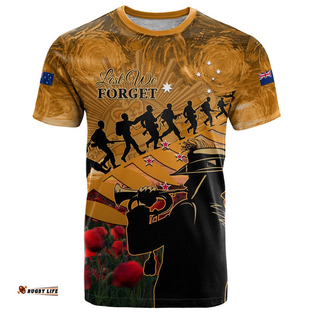 anzac day 2024 t shirt silver fern with a trumpet soldier