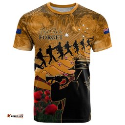anzac day 2024 t shirt silver fern with a trumpet soldier