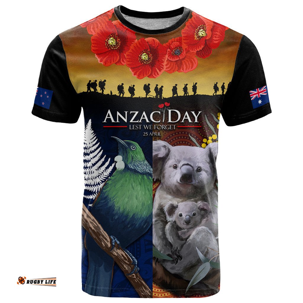 australia and new zealand anzac day t shirt tui bird and koala mix maori and aboriginal pattern