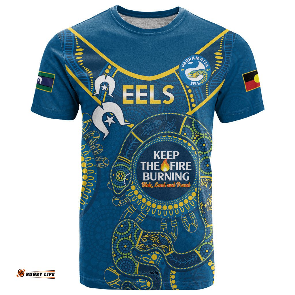 custom nrl eels naidoc week t shirt keep the fire burning indigenous art