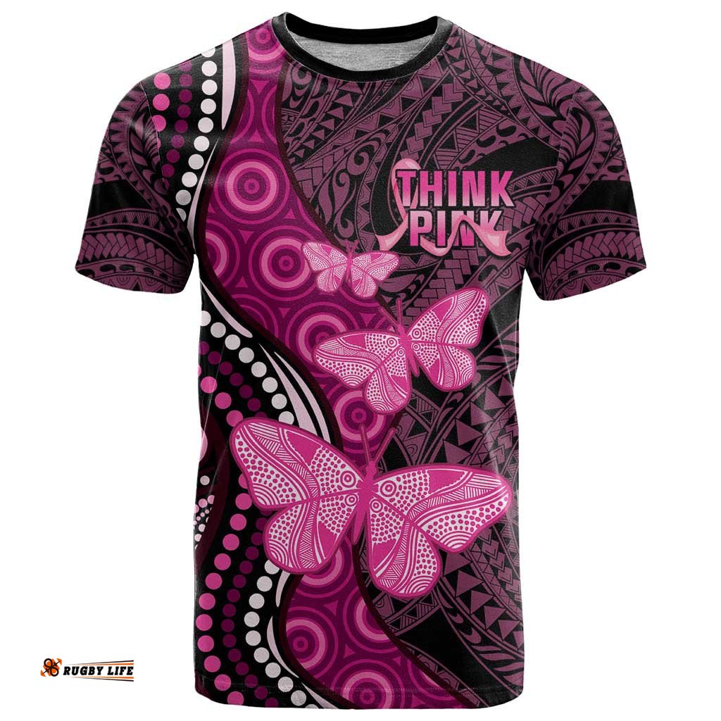 think pink breast cancer awareness t shirt butterfly aboriginal mix polynesian pattern