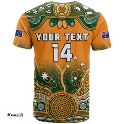 custom text and number australia rugby t shirt wallabies kangaroo orange aboriginal