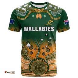 custom text and number australia rugby t shirt wallabies kangaroo green aboriginal