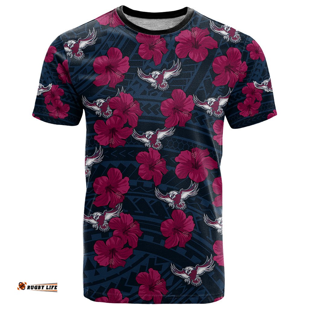 sea eagles rugby t shirt polynesian style with hibiscus