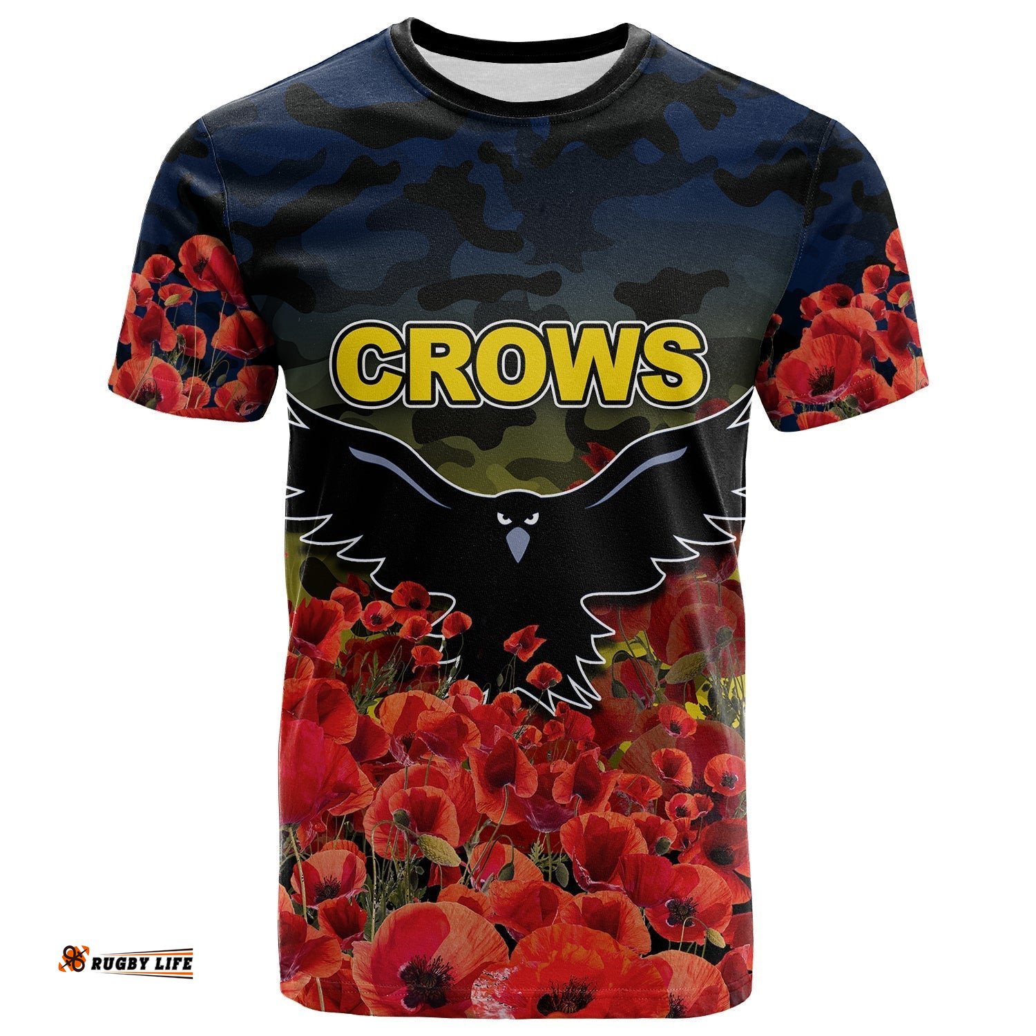 anzac day crows t shirt poppy flowers with army patterns