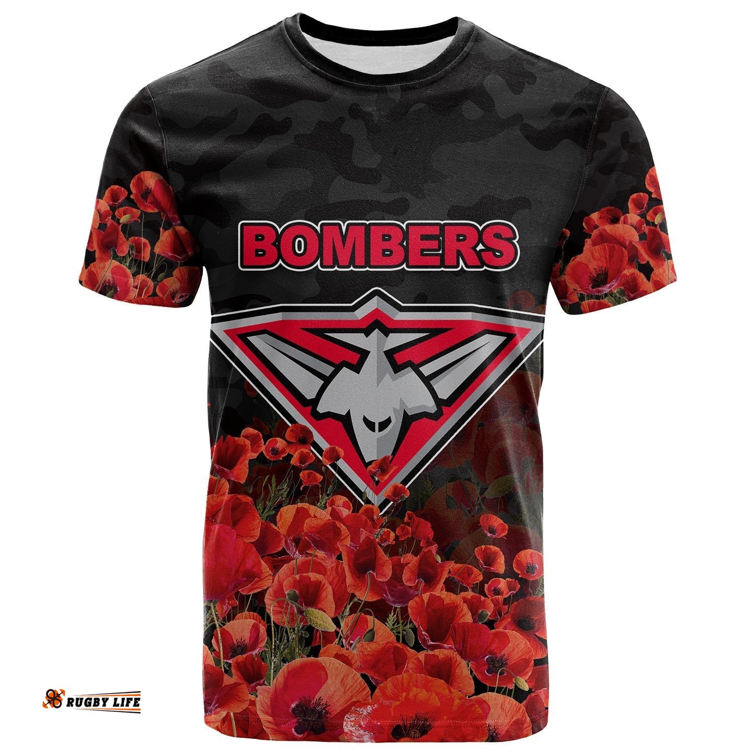 anzac day essendon bombers t shirt poppy flowers with army patterns