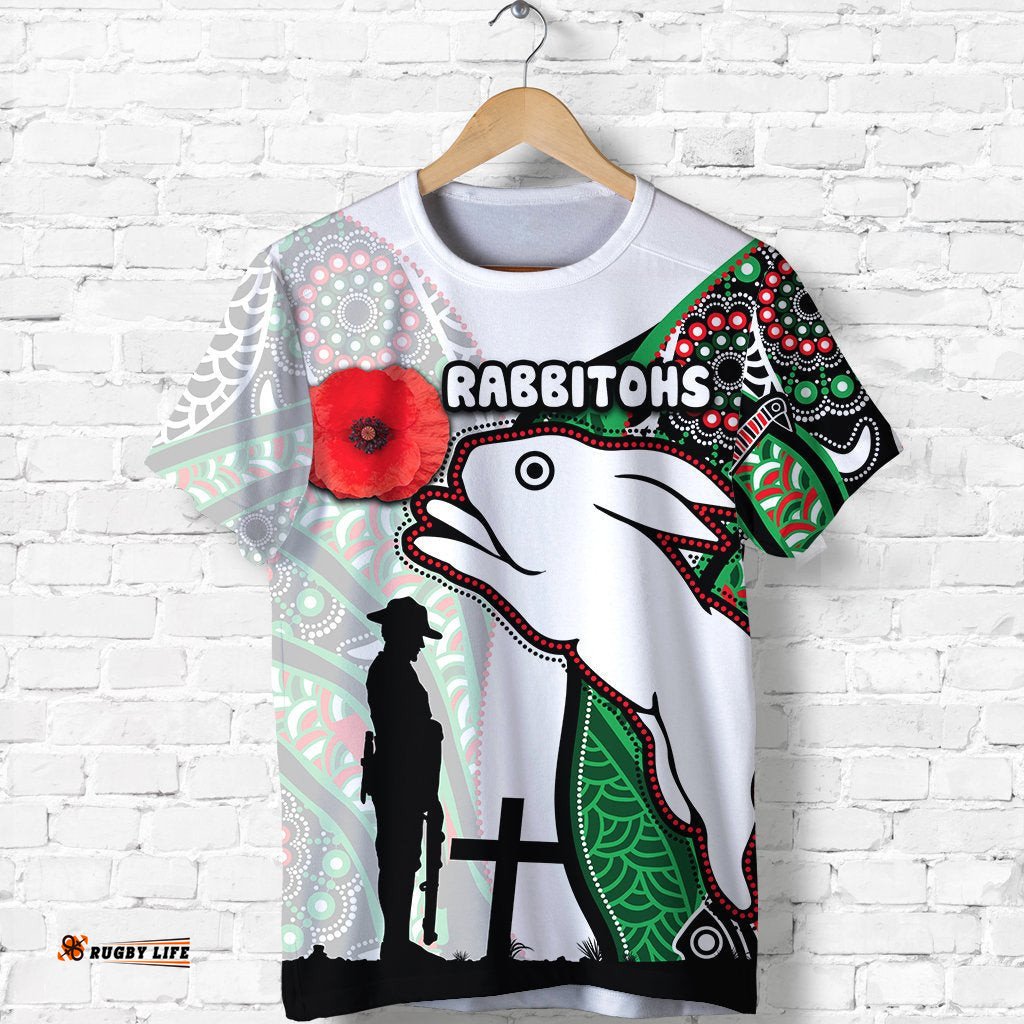 custom personalised rabbitohs t shirt indigenous anzac day