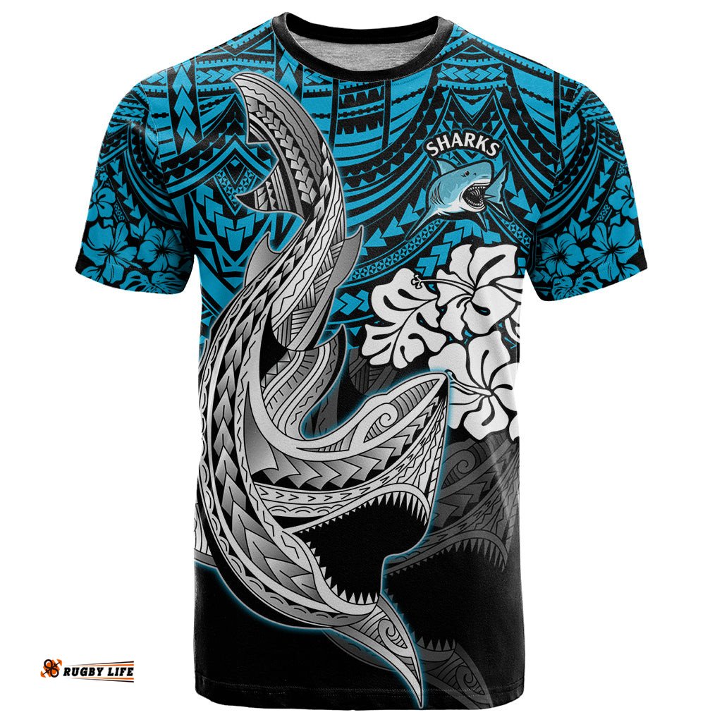 custom sharks rugby t shirt hibiscus and sharkies tattoo with polynesian pattern