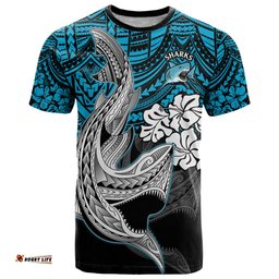 custom sharks rugby t shirt hibiscus and sharkies tattoo with polynesian pattern