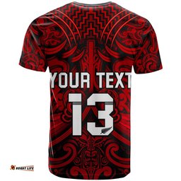 custom text and number new zealand silver fern rugby t shirt all black red nz maori pattern