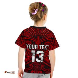 custom text and number new zealand silver fern rugby t shirt all black red nz maori pattern