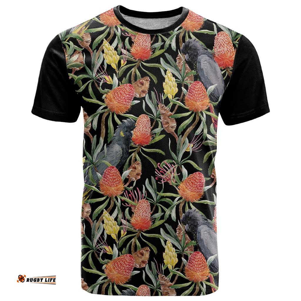 australia black cockatoo and banksia flowers t shirt