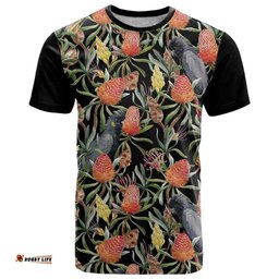 australia black cockatoo and banksia flowers t shirt