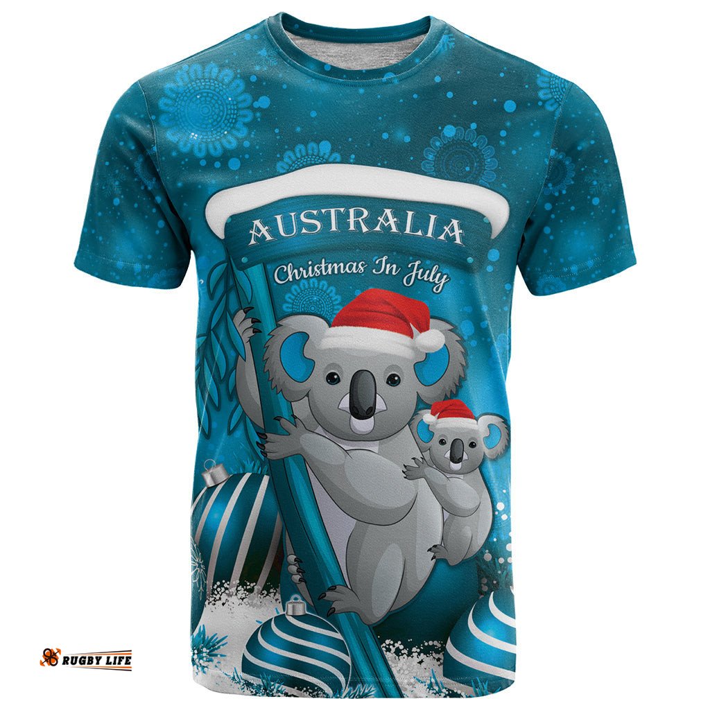 australia christmas in july t shirt mommy and baby koala santa blue