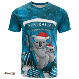 australia christmas in july t shirt mommy and baby koala santa blue