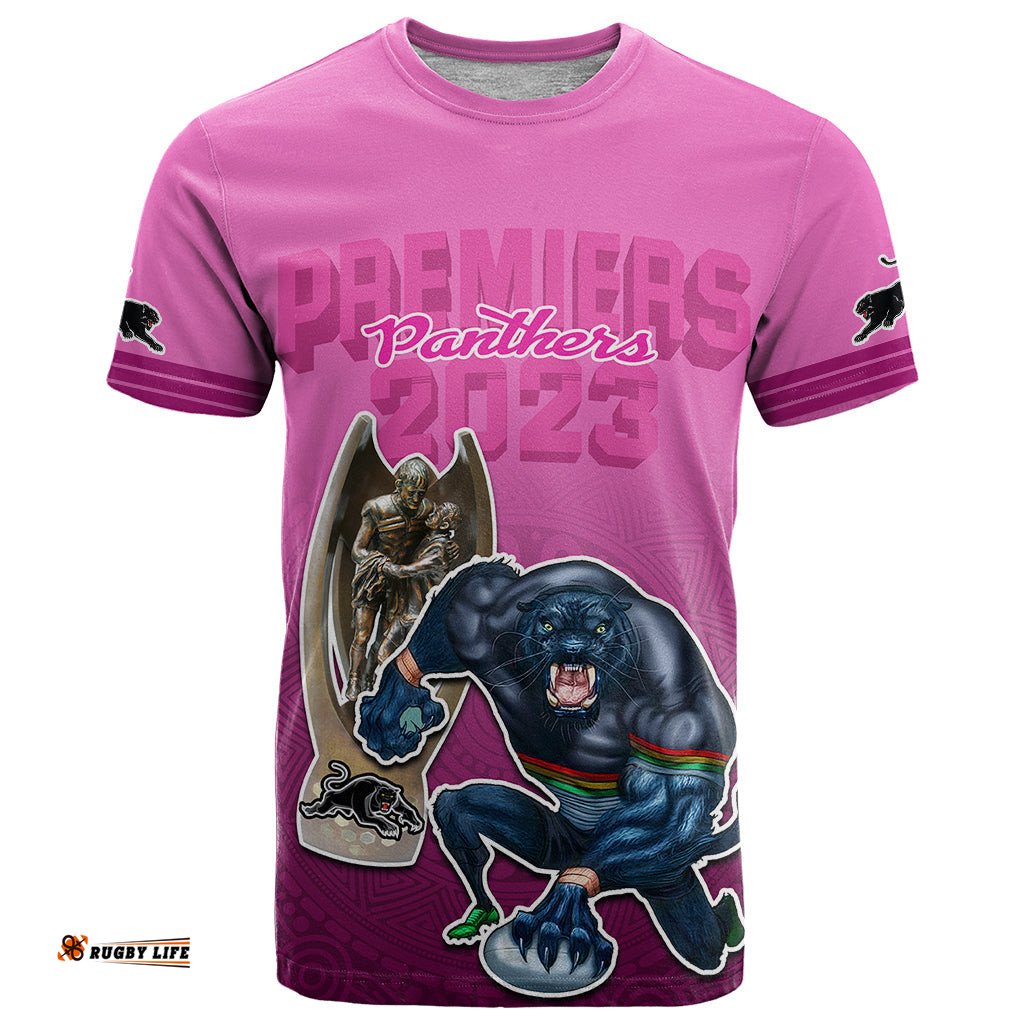 panthers premier t shirt mascot with nrl trophy pink version