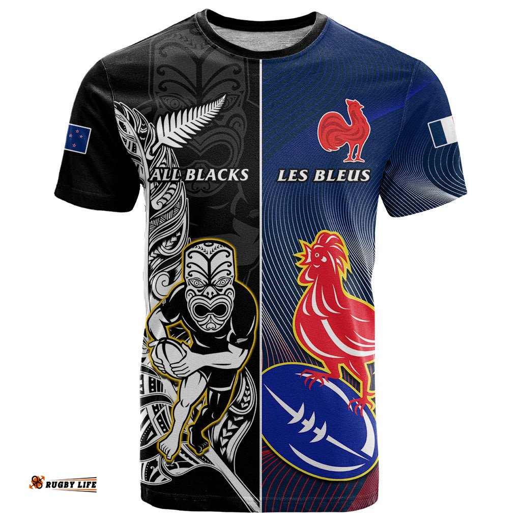 custom new zealand and france rugby t shirt all black with les bleus together world cup