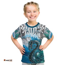 custom personalised manaia maori t shirt fern aotearoa blue waves