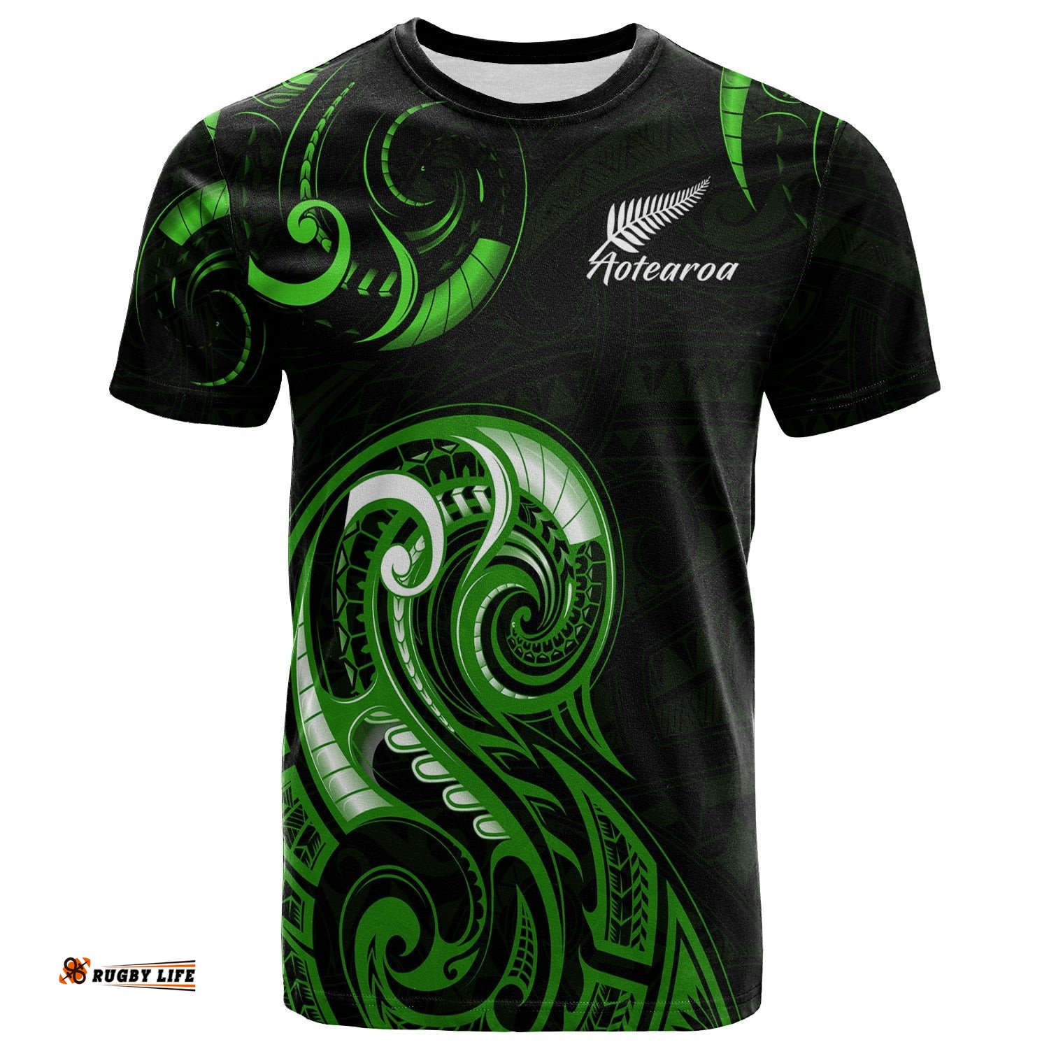 aotearoa fern t shirt maori pattern version green