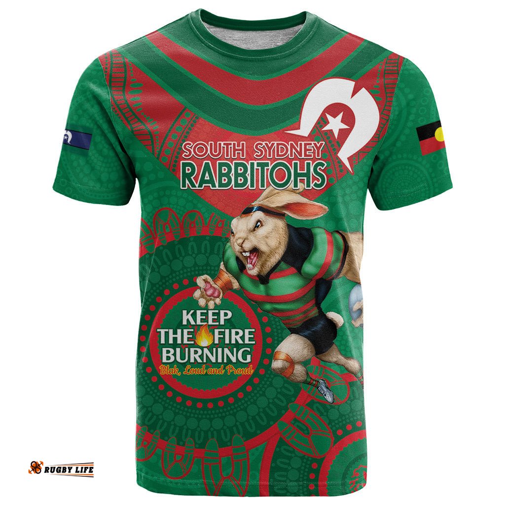custom nrl rabbitohs naidoc week t shirt keep the fire burning indigenous art