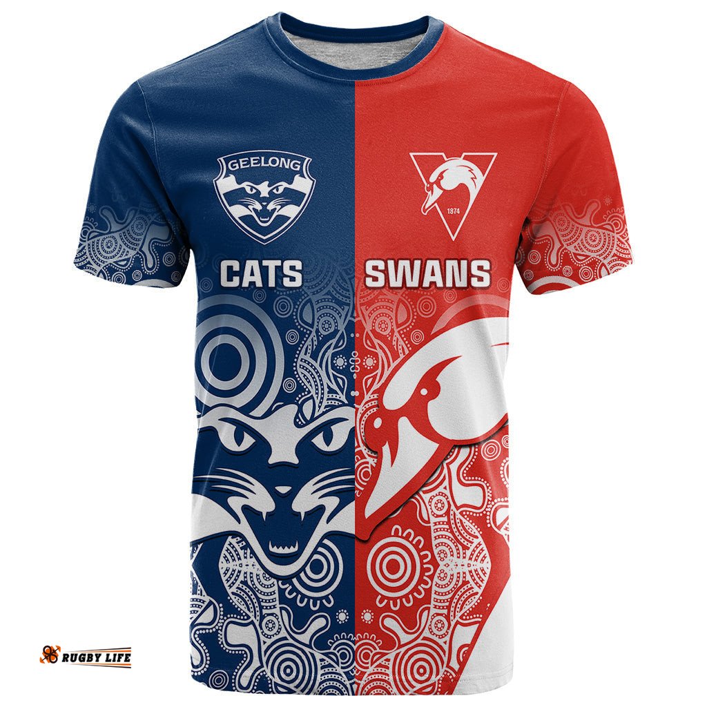 swans and cats football t shirt sydney mix geelong indigenous