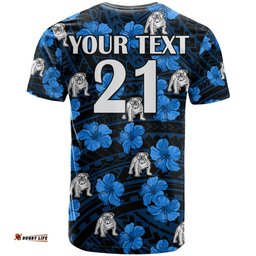custom text and number bulldogs rugby t shirt polynesian style with hibiscus