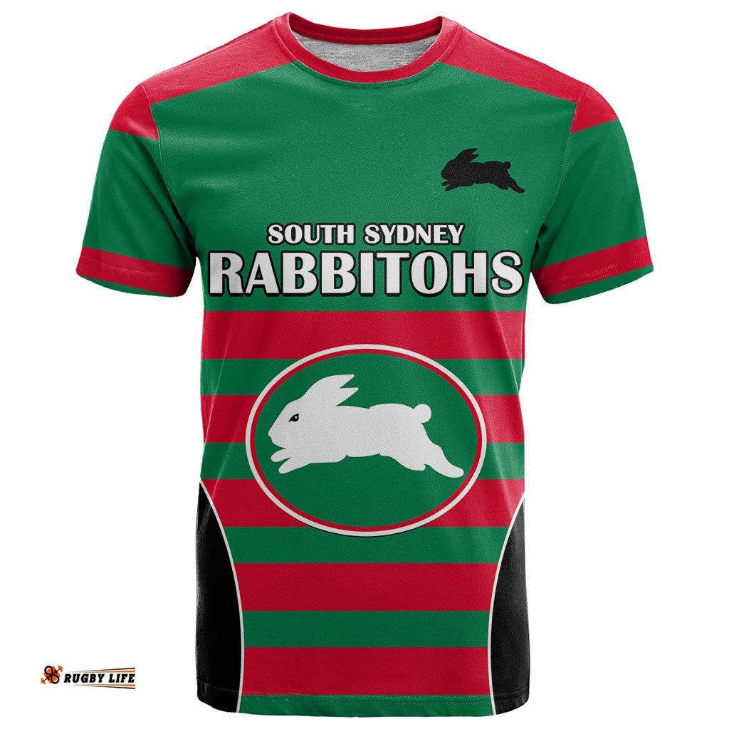 custom text and number nrl rabbitohs rugby t shirt simple style 2023