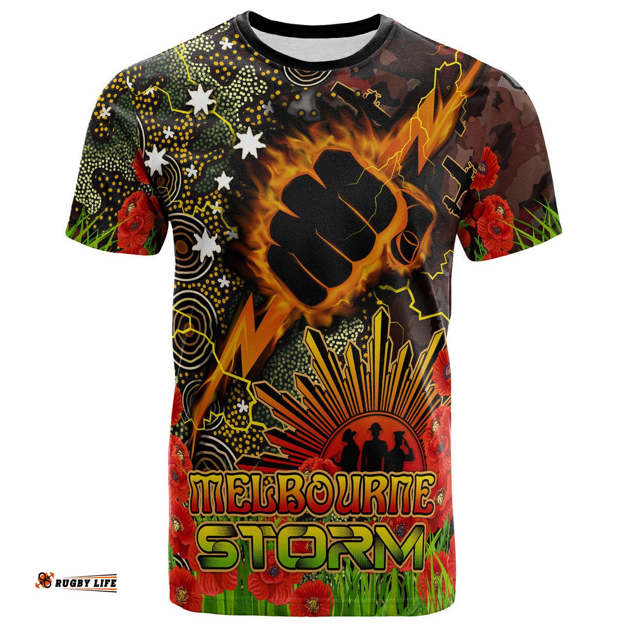 storm rugby t shirt custom anzac storm with remembrance poppy and indigenous patterns t shirt