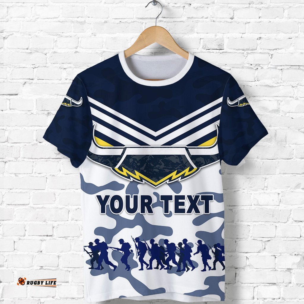 custom personalised north queensland cowboys t shirt anzac day camouflage vibes white