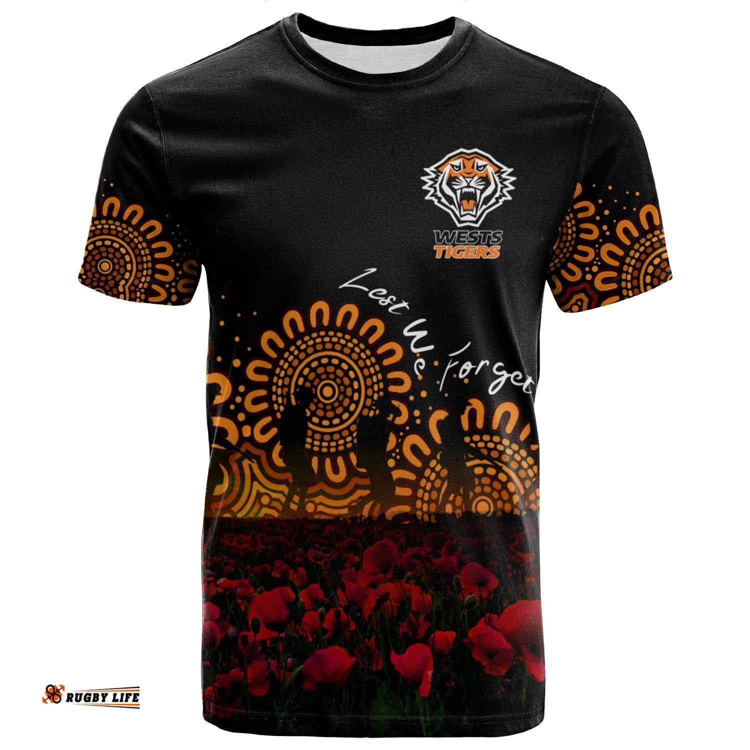 wests tigers t shirt personalized aboriginal rugby anzac day poppy with soldiers nrl 0