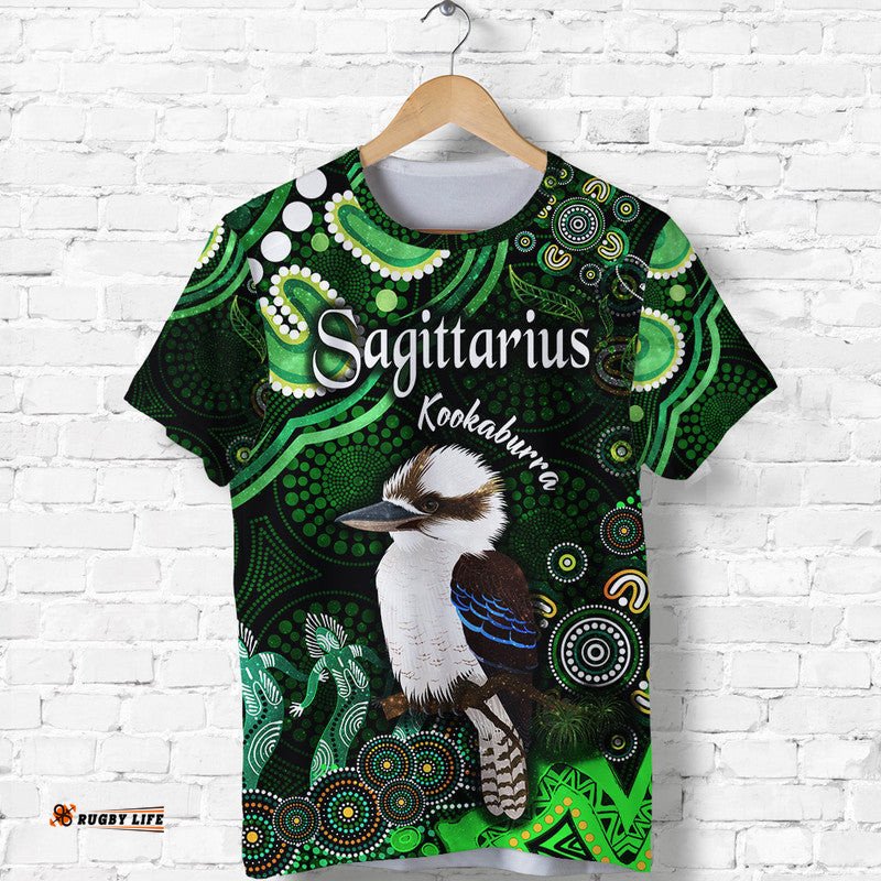 australian astrology t shirt sagittarius kookaburra zodiac aboriginal vibes green