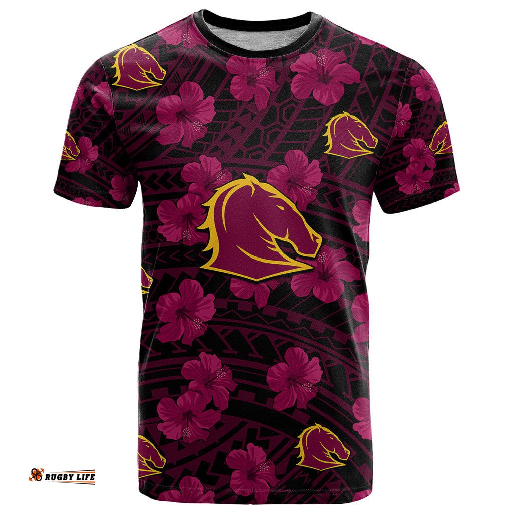 custom text and number broncos rugby t shirt polynesian style with hibiscus