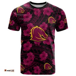 custom text and number broncos rugby t shirt polynesian style with hibiscus