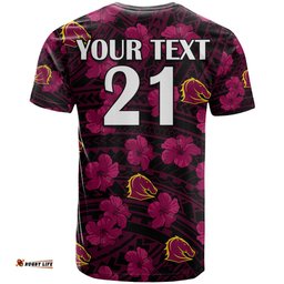 custom text and number broncos rugby t shirt polynesian style with hibiscus